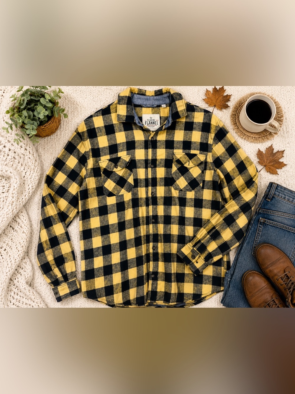 Men's Yellow and Black Plaid Flannel Shirt